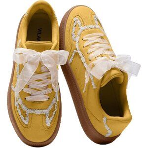 Women's Lace Casual Dress Retro Gum Sole Trendy Walking Footwear Sneakers Yellow